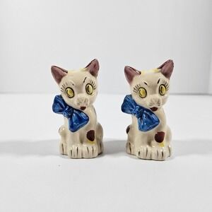 Vintage Japan Ceramic Cat Salt and Pepper Shakers Big Eye Blue Bow Kitsch Set